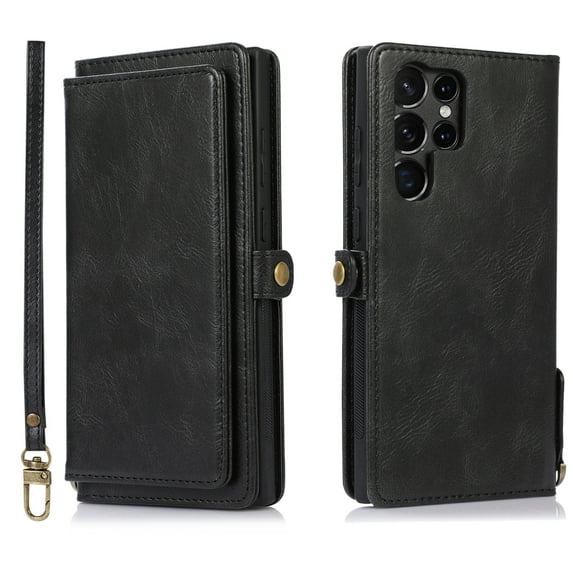 SaniMore Magnetic Detachable Wallet Case for Samsung Galaxy S23 Ultra, PU Leather 2-in-1 Functional Cover Buil-in Multiple Card Slots & Car Mount Wrist Strap Shockproof Protective Shell, Black