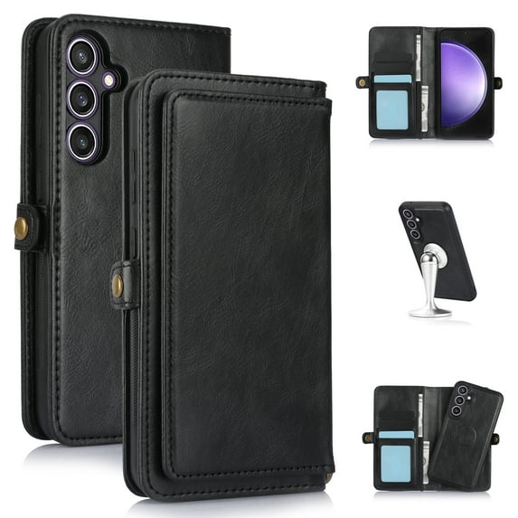 SaniMore Magnetic Detachable Wallet Case for Samsung Galaxy S24, PU Leather 2-in-1 Functional Cover Buil-in Multiple Card Slots & Car Mount Wrist Strap Shockproof Protective Shell, Black