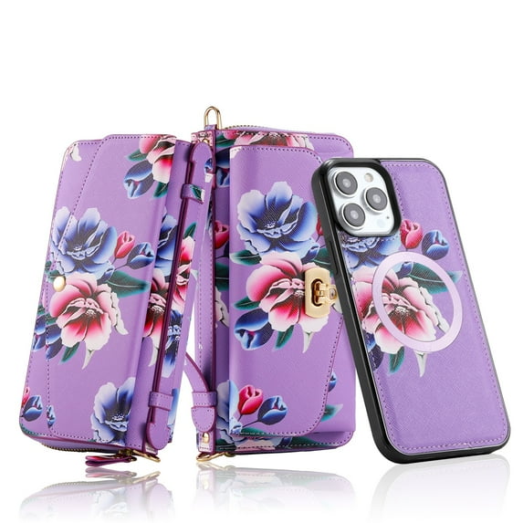 SaniMore Magnetic Detachable Wallet Case for iPhone 13 Pro, Flower Pattern RFID Blocking Cover Support Wireless Charging Card Slot Shoulder & Wrist Strap 360° Full Protective Shell, Purple