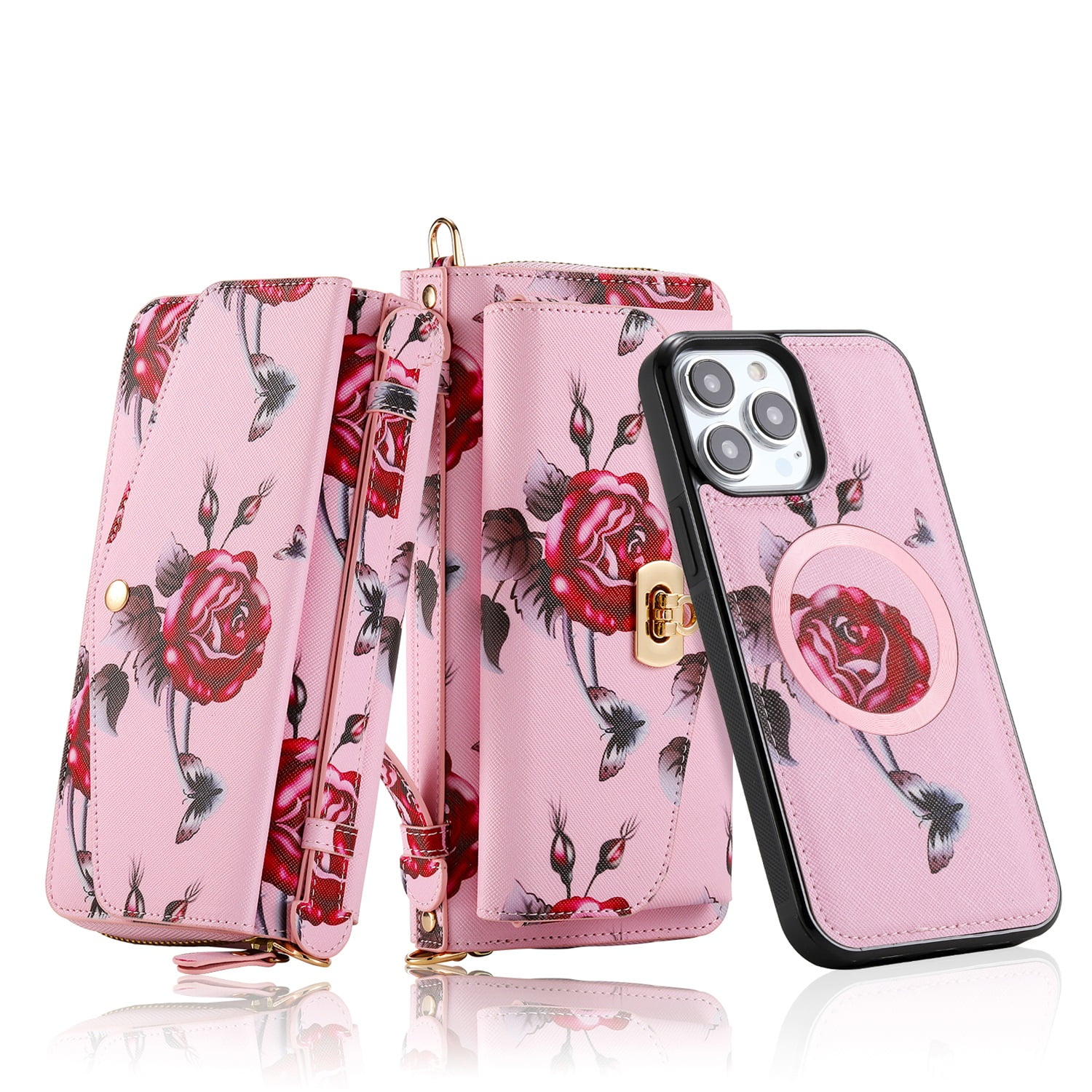 SaniMore Magnetic Detachable Wallet Case for iPhone 13 Pro Max, Flower Pattern RFID Blocking Cover Support Wireless Charging Card Slot Shoulder & Wrist Strap 360° Full Protective Shell, Pink