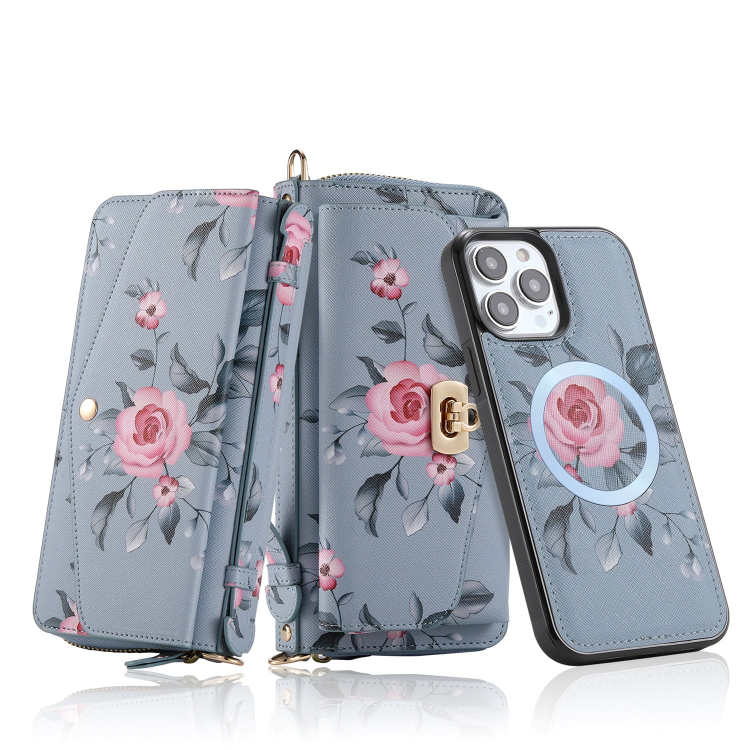 SaniMore Magnetic Detachable Wallet Case for iPhone 13 Pro Max, Flower Pattern RFID Blocking Cover Support Wireless Charging Card Slot Shoulder & Wrist Strap 360° Full Protective Shell, Grey