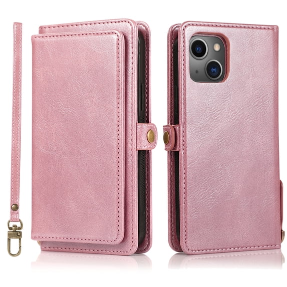 SaniMore Magnetic Detachable Wallet Case for iPhone 14 Plus, PU Leather 2-in-1 Functional Cover Buil-in Multiple Card Slots & Car Mount Wrist Strap Shockproof Protective Shell, Rosegold