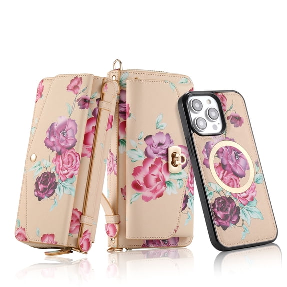 SaniMore Magnetic Detachable Wallet Case for iPhone 14 Pro, Flower Pattern RFID Blocking Cover Support Wireless Charging Card Slot Shoulder & Wrist Strap 360° Full Protective Shell, Yellow