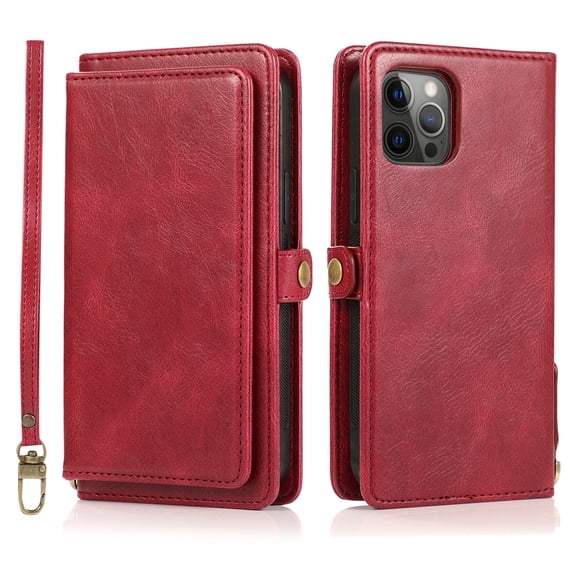 SaniMore Magnetic Detachable Wallet Case for iPhone 14 Pro Max, PU Leather 2-in-1 Functional Cover Buil-in Multiple Card Slots & Car Mount Wrist Strap Shockproof Protective Shell, BRed