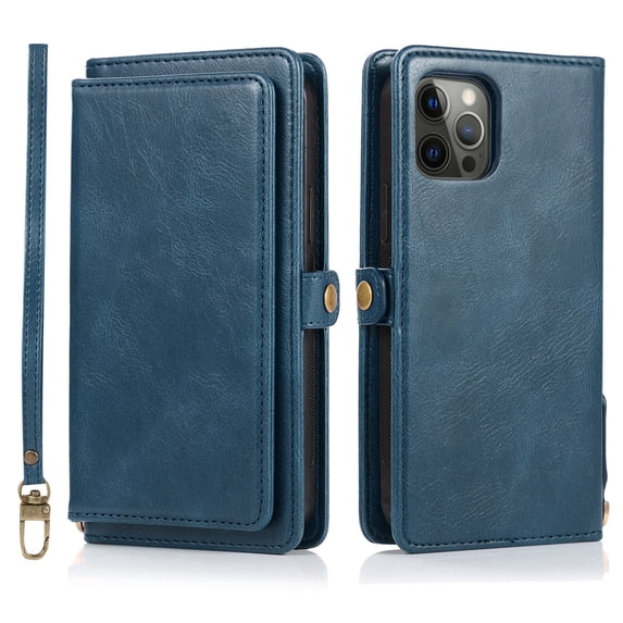 SaniMore Magnetic Detachable Wallet Case for iPhone 14 Pro Max, PU Leather 2-in-1 Functional Cover Buil-in Multiple Card Slots & Car Mount Wrist Strap Shockproof Protective Shell, Navyblue