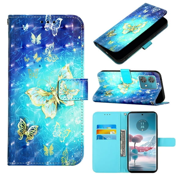 SaniMore Magnetic Flip Wallet Case for Motorola Edge 40 Neo RFID Blocking Card Holder Painted Pattern PU Leather Cover with Kickstand & Wrist Strap Shockproof Protective Shell, Golden Butterfly