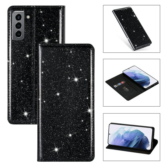 SaniMore Magnetic Flip Wallet Case for Samsung Galaxy S22 6.1", PU Leather Ultra-Thin Glitter Cover Buil-in Card Slot & Kickstand Shockproof Protective Shell for Samsung S22, Black