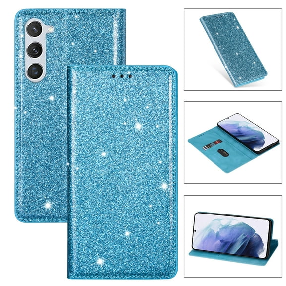 SaniMore Magnetic Flip Wallet Case for Samsung Galaxy S23 6.1", PU Leather Ultra-Thin Glitter Cover Buil-in Card Slot & Kickstand Shockproof Protective Shell for Samsung S23, Skyblue