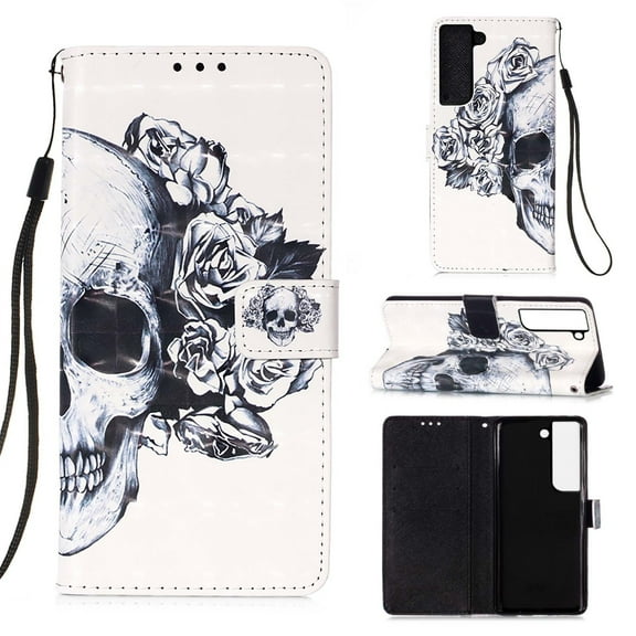 SaniMore Magnetic Flip Wallet Case for Samsung Galaxy S23 FE 6.4", RFID Blocking Card Holder Painted Pattern PU Leather Cover with Kickstand & Wrist Strap Shockproof Protective Shell, Skull