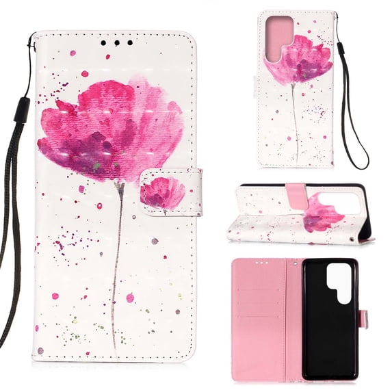 SaniMore Magnetic Flip Wallet Case for Samsung Galaxy S23 Ultra, RFID Blocking Card Holder Painted Pattern PU Leather Cover with Kickstand & Wrist Strap Shockproof Protective Shell, Flower