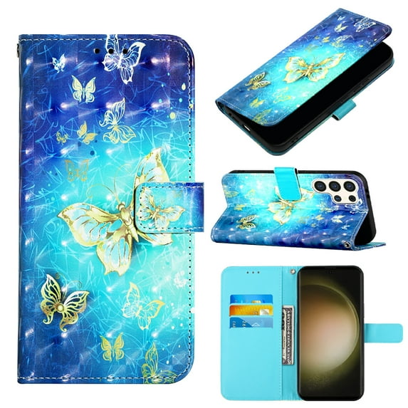 SaniMore Magnetic Flip Wallet Case for Samsung Galaxy S24 Ultra, RFID Blocking Card Holder Painted Pattern PU Leather Cover with Kickstand & Wrist Strap Shockproof Protective Shell, Golden Butterfly