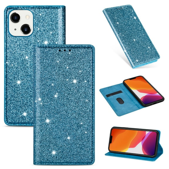 SaniMore Magnetic Flip Wallet Case for iPhone 14 6.1", PU Leather Ultra-Thin Glitter Cover Buil-in Card Slot & Kickstand Shockproof Protective Shell for iPhone 14, Skyblue