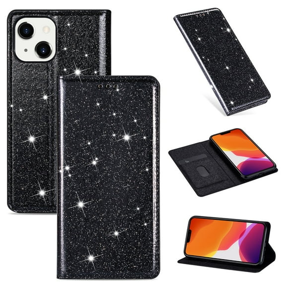 SaniMore Magnetic Flip Wallet Case for iPhone 14 Plus 6.7", PU Leather Ultra-Thin Glitter Cover Buil-in Card Slot & Kickstand Shockproof Protective Shell for iPhone 14 Plus, Black
