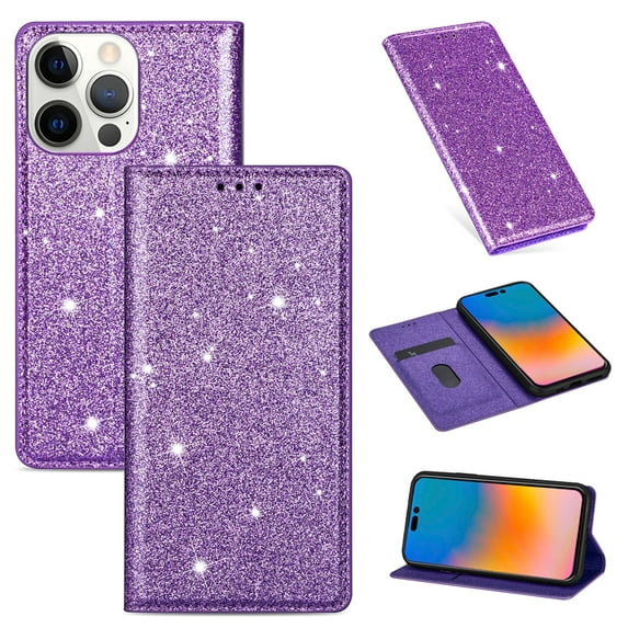 SaniMore Magnetic Flip Wallet Case for iPhone 14 Pro 6.1", PU Leather Ultra-Thin Glitter Cover Buil-in Card Slot & Kickstand Shockproof Protective Shell for iPhone 14 Pro, Purple