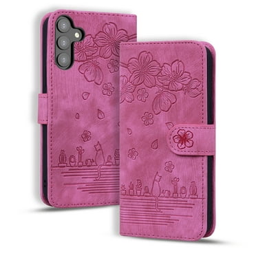SaniMore Magnetic Wallet Case for Samsung Galaxy S23 [RFID Blocking] Card Holder, Cartoon Embossing PU Leather Cover Built-in Kickstand & Wrist Strap Shockproof Protective Shell, Rose