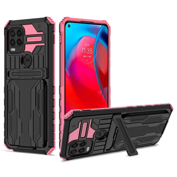 SaniMore for Motorola G Stylus 5G 2021 Camera Protection Case, Rugged PC Back & TPU Bumpers Cover with Invisible Sliding Card Slot & Kickstand Upgraded Military Shockproof Protective Shell, Pink