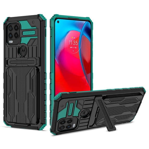 SaniMore for Motorola G Stylus 5G 2021 Camera Protection Case, Rugged PC Back & TPU Bumpers Cover with Invisible Sliding Card Slot & Kickstand Upgraded Military Shockproof Protective Shell, Darkgreen