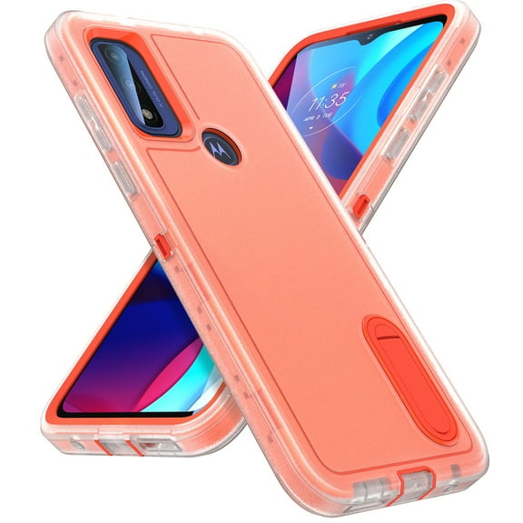 SaniMore for Motorola Moto G Play (2023) 6.5" Hybird Case, Rugged PC Back Shockproof TPU Shell Metal Hidden Kickstand Drop Resistant Anti-slip Heavy Duty Protective Cover, Clear+Orange