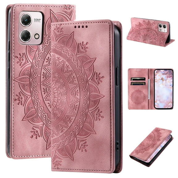 SaniMore for Motorola Moto G Play 2024 Case, PU Leather Embosed Mandala Flower Wallet Protective Phone Cover Card Slots Pocket Purse Women Men Kickstand Vintage Shockproof Anti-fall Shell, Pink