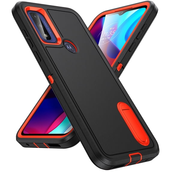 SaniMore for Motorola Moto G Power (2023) 6.5" Hybird Case, Rugged PC Back Shockproof TPU Shell Metal Hidden Kickstand Drop Resistant Anti-slip Heavy Duty Protective Cover, Black+Orange