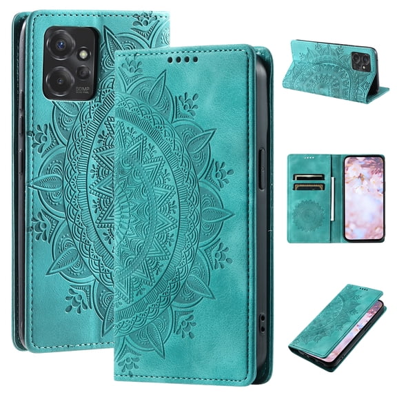 SaniMore for Motorola Moto G Power 5G 2024 Case, PU Leather Embosed Mandala Flower Wallet Protective Phone Cover Card Slots Pocket Purse Women Men Kickstand Vintage Shockproof Anti-fall Shell, Green