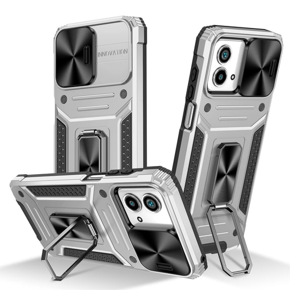 SaniMore for Motorola Moto G Stylus 5G Stand Case, Slide Camera Cover 360 Degree Rotating Kickstand Magnetic Car Mount Hybird Tri-layer Rugged Shell Military-grade Shockproof Anti-drop Cover, Silver