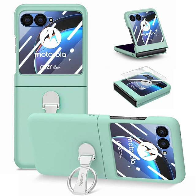 SaniMore for Motorola Razr 40 Ultra 2023 Case, Front Screen Tempered Glass Protector 360 Ring Bracket Shockproof Anti-drop Skin-feel Full Protective Shell for Motorola Razr 40 Ultra, Mint
