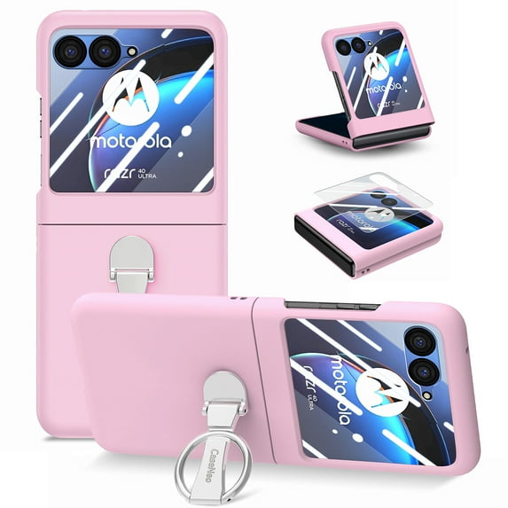 SaniMore for Motorola Razr 40 Ultra 2023 Case, Front Screen Tempered Glass Protector 360 Ring Bracket Shockproof Anti-drop Skin-feel Full Protective Shell for Motorola Razr 40 Ultra, Pink