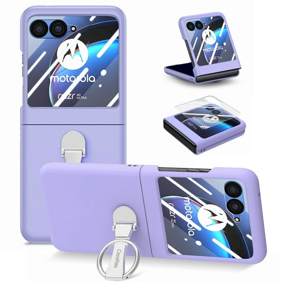 SaniMore for Motorola Razr 40 Ultra 2023 Case, Front Screen Tempered Glass Protector 360 Ring Bracket Shockproof Anti-drop Skin-feel Full Protective Shell for Motorola Razr 40 Ultra, Purple