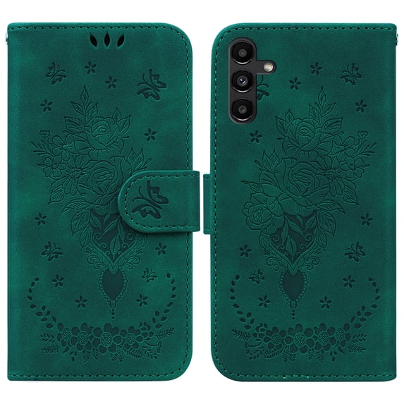 SaniMore Multi-Functional Magnetic Wallet Case for Samsung Galaxy A54 5G, Card Holder PU Leather Butterfly Rose Embossing Cover with Kickstand & Wrist Strap Shockproof Protective Shell, Green