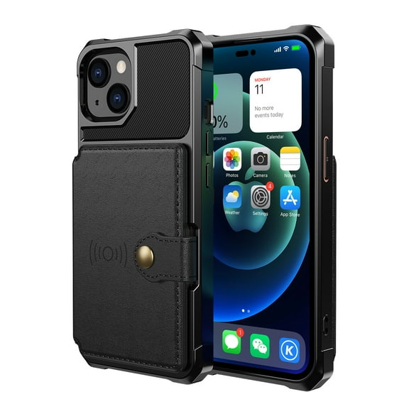 SaniMore Multi-functional Case for iPhone 14 6.1" 2022, Rugged PC Shell Leather Button Flip Card Pocket Stand Feature Magnetic Car Mount Shockproof Anti-drop Heavy Duty Protective Case, Black