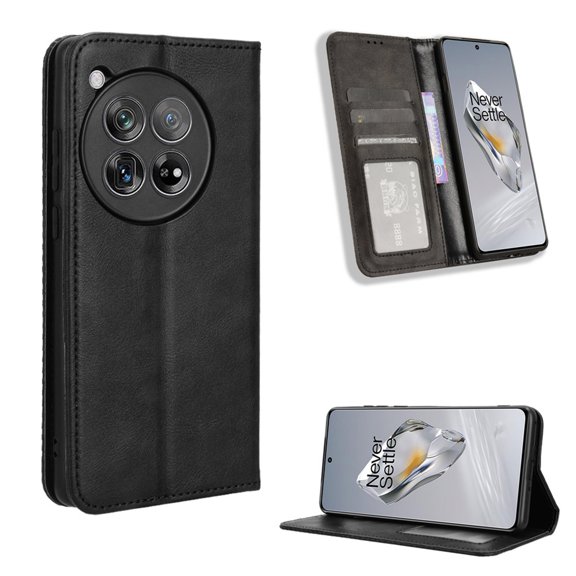 SaniMore Oneplus 12R Case, Magnetic Folio PU Leather Cover with Card Slots Cash Pocket Stand Feature Full-body Protctive Shockproof Anti-fall Business Wallet Retro Shell, Black