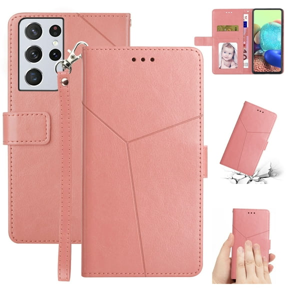 SaniMore PU Leather Wallet Case for Samsung Galaxy S23 Ultra (6.8" 2023), Shockproof Buffer Wrist Strap[Romoveable] Kickstand Card Slots Cash Pocket Anti-scratch Full-protective Shell, Rosegold