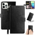 thumbnail image 1 of SaniMore PU Leather Wallet Case for iPhone 14 Pro (6.1" 2022), Shockproof Buffer Wrist Strap[Romoveable] Kickstand Card Slots Cash Pocket Anti-scratch Full-protective Shell, Black, 1 of 8