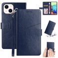 thumbnail image 1 of SaniMore PU Leather Wallet Case for iPhone 15 (6.1" 2023), Shockproof Buffer Wrist Strap[Romoveable] Kickstand Card Slots Cash Pocket Anti-scratch Full-protective Shell, Blue, 1 of 8
