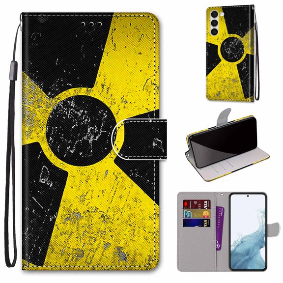 SaniMore Painted Wallet Case Compatible with Galaxy S23 Plus 5G, Stylish PU Leather Shell Magnetic Closure Shockproof Kickstand Case with Wrist Strap for Samsung Galaxy S23 Plus, Black and Yellow
