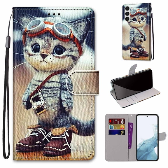 SaniMore Painted Wallet Case Compatible with Galaxy S23 Plus 5G, Stylish PU Leather Shell Magnetic Closure Shockproof Kickstand Case with Wrist Strap for Samsung Galaxy S23 Plus, Cat with Shoes