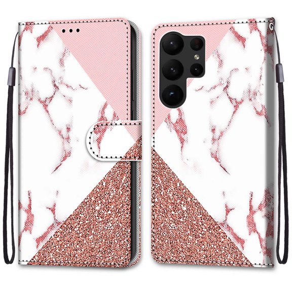 SaniMore Painted Wallet Case Compatible with Galaxy S23, Stylish PU Leather Shell Magnetic Closure Shockproof Kickstand Case with Wrist Strap for Samsung Galaxy S23, Gold White Pink Marble