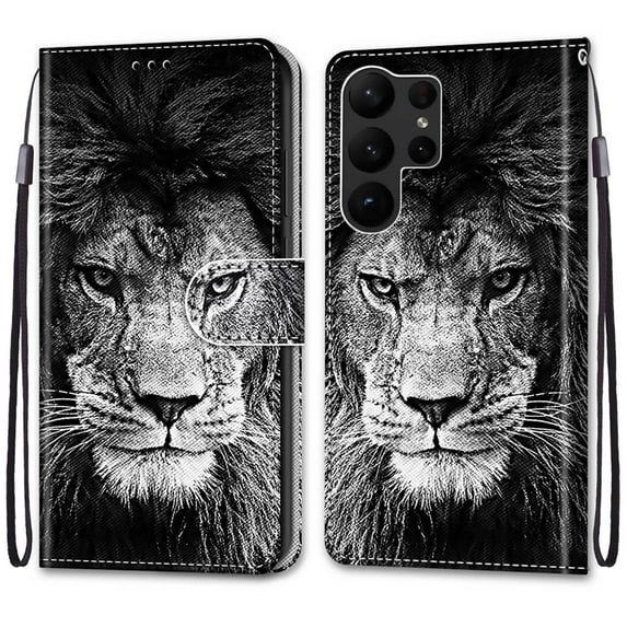 SaniMore Painted Wallet Case Compatible with Galaxy S23, Stylish PU Leather Shell Magnetic Closure Shockproof Kickstand Case with Wrist Strap for Samsung Galaxy S23, Black Lion