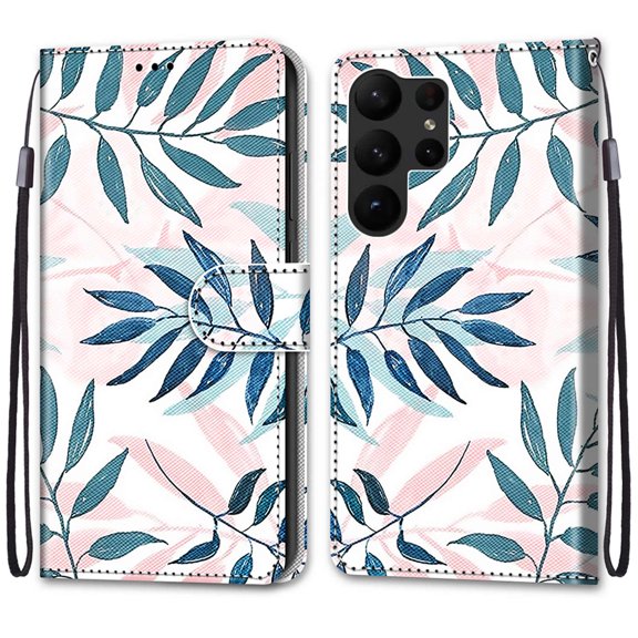 SaniMore Painted Wallet Case Compatible with Galaxy S23, Stylish PU Leather Shell Magnetic Closure Shockproof Kickstand Case with Wrist Strap for Samsung Galaxy S23, Green Leaves