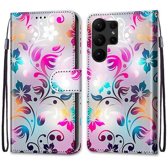 SaniMore Painted Wallet Case Compatible with Galaxy S23, Stylish PU Leather Shell Magnetic Closure Shockproof Kickstand Case with Wrist Strap for Samsung Galaxy S23, Gradient Floral