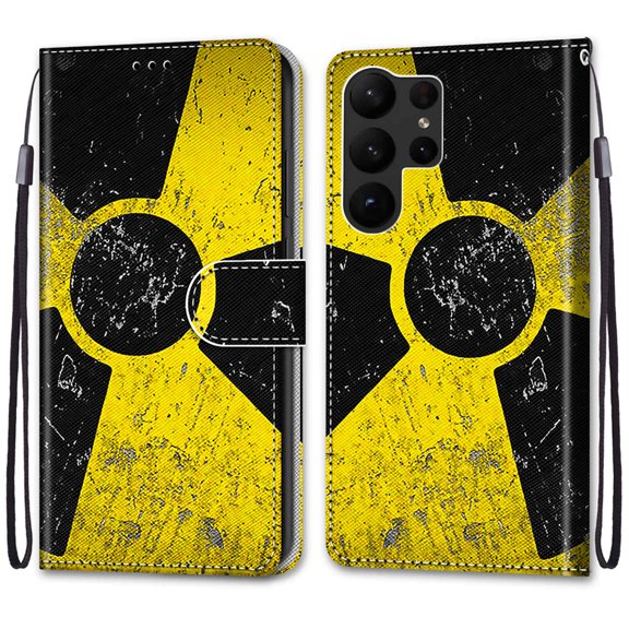 SaniMore Painted Wallet Case Compatible with Galaxy S23, Stylish PU Leather Shell Magnetic Closure Shockproof Kickstand Case with Wrist Strap for Samsung Galaxy S23, Black and Yellow