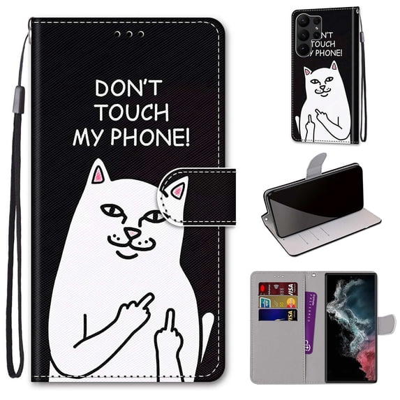 SaniMore Painted Wallet Case Compatible with Galaxy S23 Ultra, Stylish PU Leather Shell Magnetic Closure Shockproof Kickstand Case with Wrist Strap for Samsung Galaxy S23 Ultra, Don't Touch My Phone