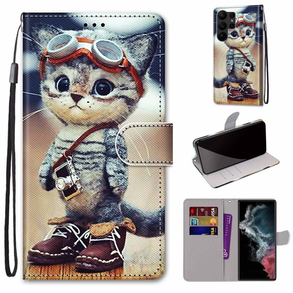 SaniMore Painted Wallet Case Compatible with Galaxy S23 Ultra, Stylish PU Leather Shell Magnetic Closure Shockproof Kickstand Case with Wrist Strap for Samsung Galaxy S23 Ultra,