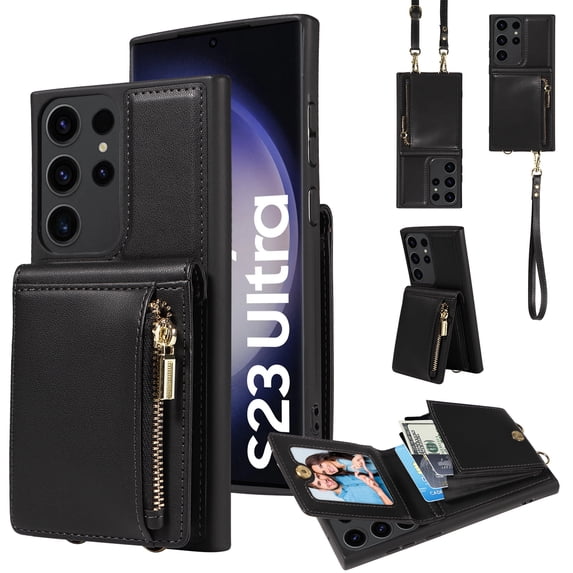 SaniMore RFID Blocking Wallet Case for Samsung Galaxy S24 Ultra, Crossbody Zipper Purse Case for Women/Girls, Wrist Strap PU Leather Card Holder Kickstand Cover for Samsung S24 Ultra, Black