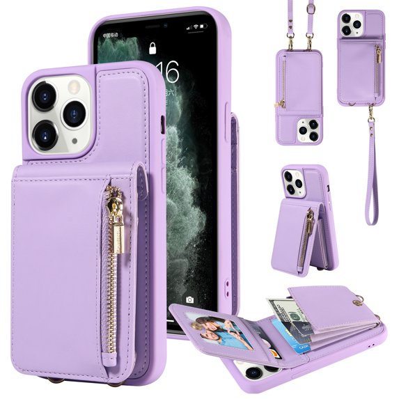 SaniMore RFID Blocking Wallet Case for iPhone 11 Pro Max, Crossbody Zipper Purse Case for Women/Girls, Wrist Strap PU Leather Card Holder Kickstand Cover for Apple iPhone 11 Pro Max, Purple