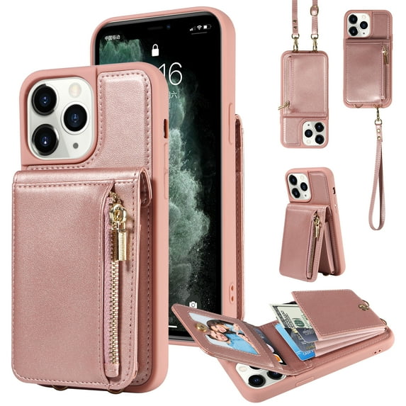 SaniMore RFID Blocking Wallet Case for iPhone 11 Pro Max, Crossbody Zipper Purse Case for Women/Girls, Wrist Strap PU Leather Card Holder Kickstand Cover for Apple iPhone 11 Pro Max, Rosegold