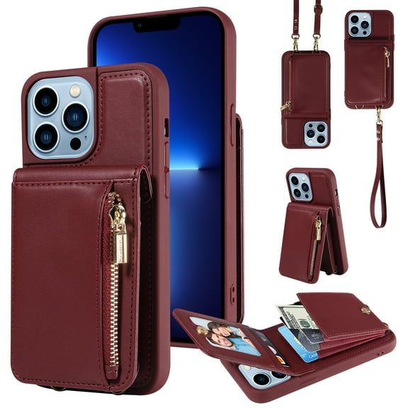 SaniMore RFID Blocking Wallet Case for iPhone 13 Pro, Crossbody Zipper Purse Case for Women/Girls, Wrist Strap PU Leather Card Holder Kickstand Cover for Apple iPhone 13 Pro, Winered