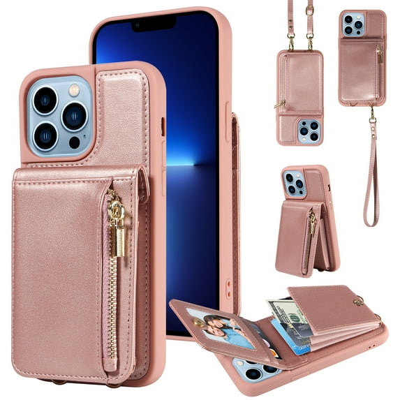 SaniMore RFID Blocking Wallet Case for iPhone 13 Pro Max, Crossbody Zipper Purse Case for Women/Girls, Wrist Strap PU Leather Card Holder Kickstand Cover for Apple iPhone 13 Pro Max, Rosegold
