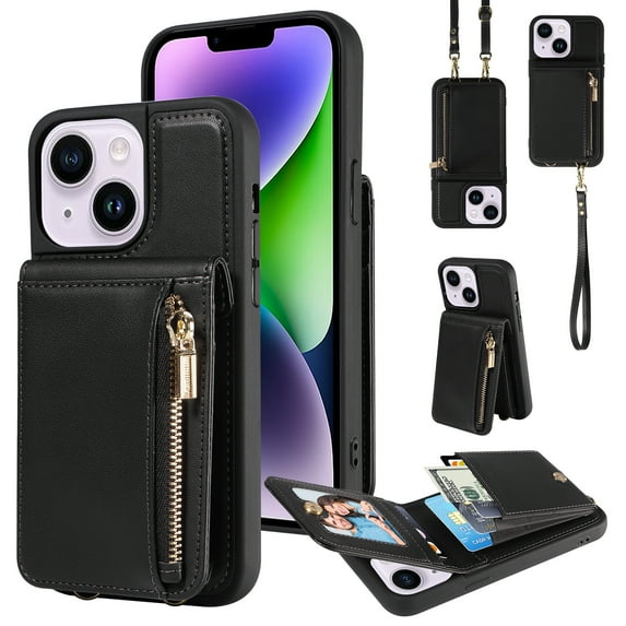 SaniMore RFID Blocking Wallet Case for iPhone 15, Crossbody Zipper Purse Case for Women/Girls, Wrist Strap PU Leather Card Holder Kickstand Cover for Apple iPhone 15, Black